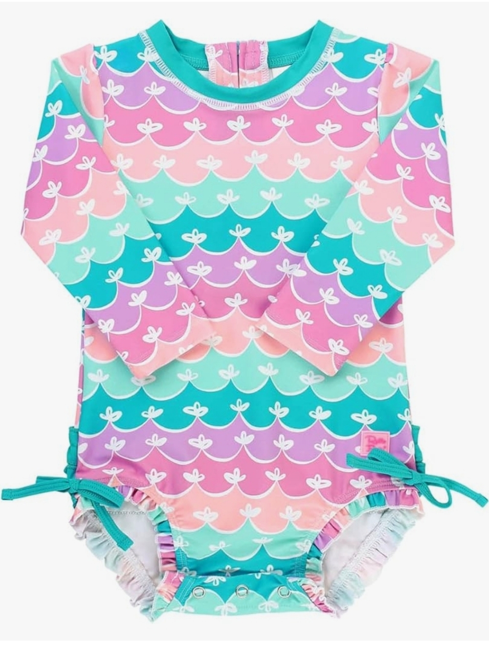 Ruffle Butts Girls Long Sleeve Mermaid Rash Guard Swimsuit - Aqua, Purple 18-24m